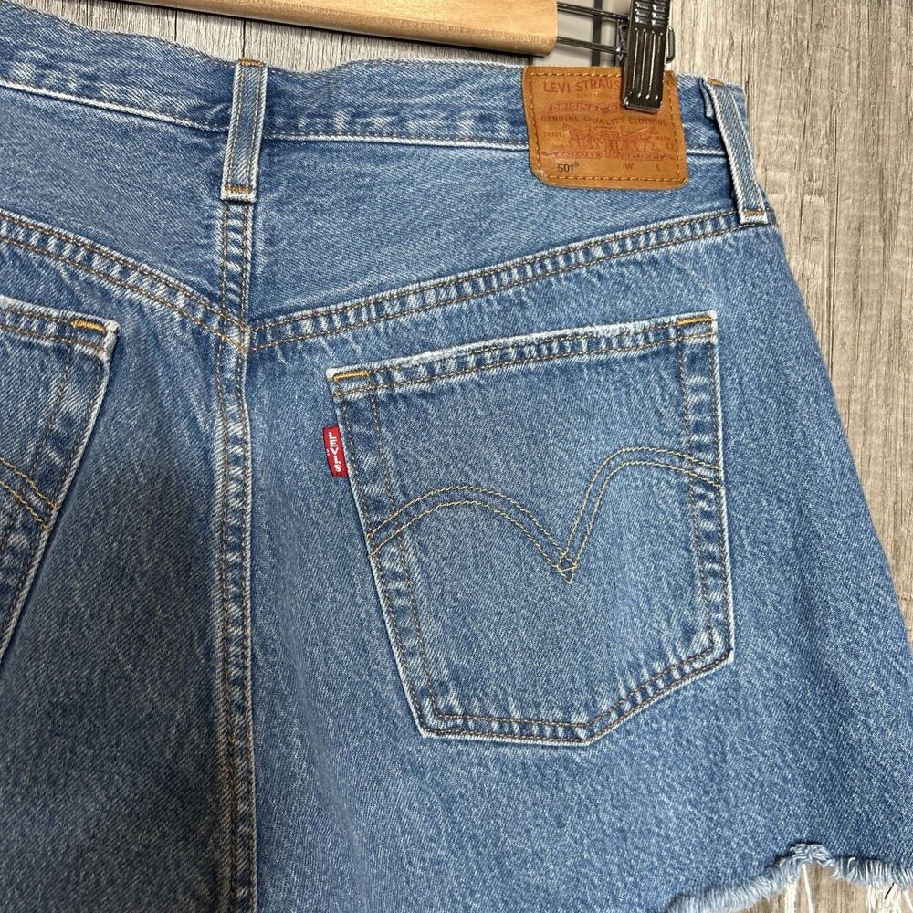 Levi’s Denim Shorts High Rise Cutout Button Fly Raw Hem Blue - Picture 4 of 10